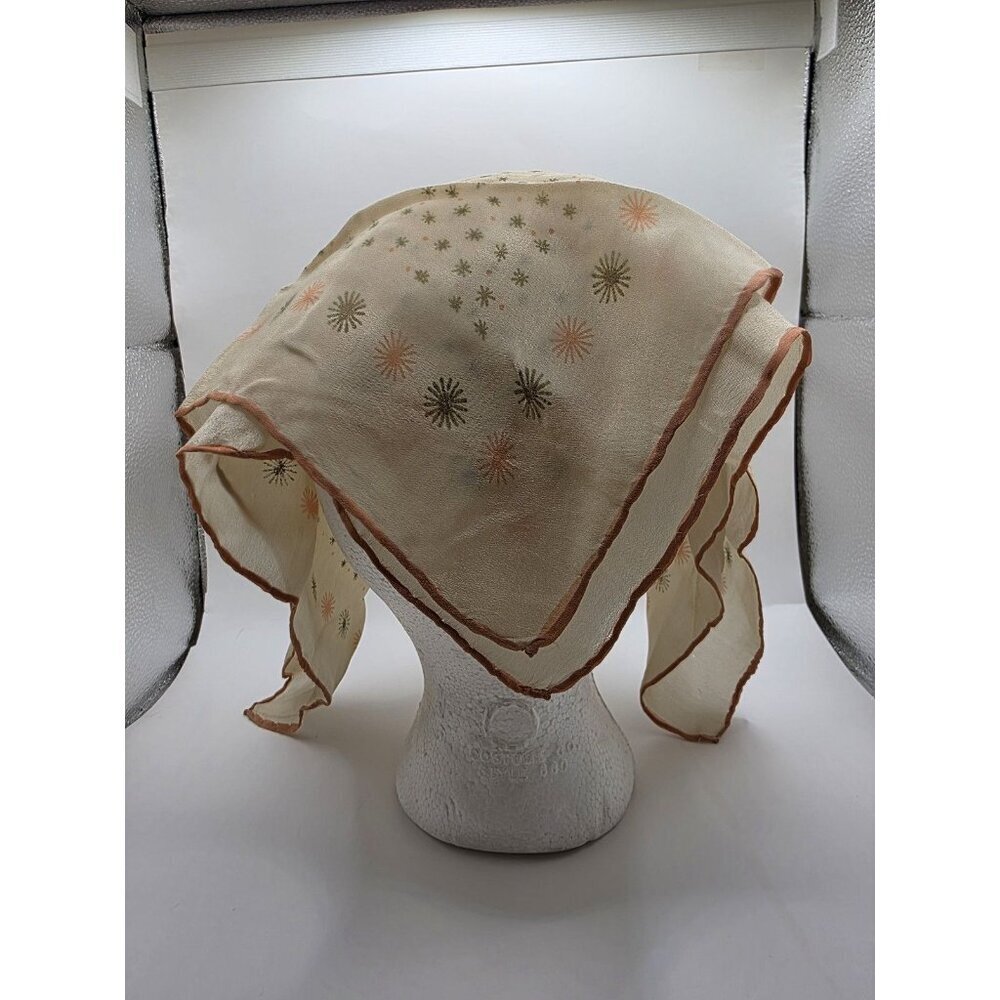 Vintage 1950s Sheer Silk Chiffon Square Scarf Sunburst Print Cream Orange Green - Picture 6 of 10